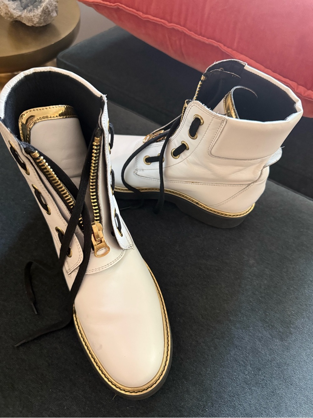 Geox Respira Women's White Leather Lace-Up Ankle Boots with Gold Trim